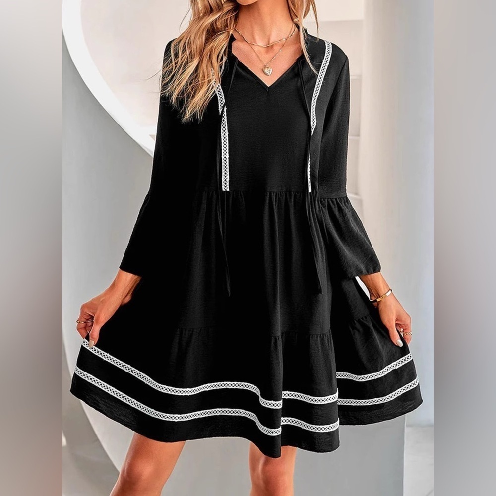 Tie-Neck Long Sleeve Mini Dress with Trim Detail